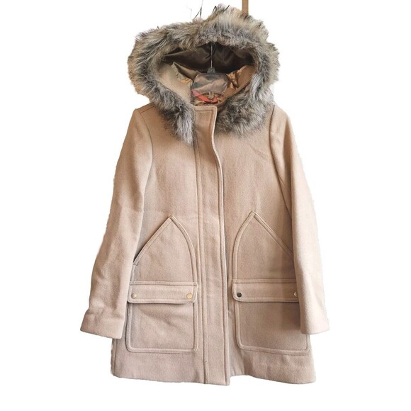 J CREW Vail Parka Pea Coat Jacket Tan Wool Faux Fur-lined Hood Zipper Size 2 - Picture 2 of 8